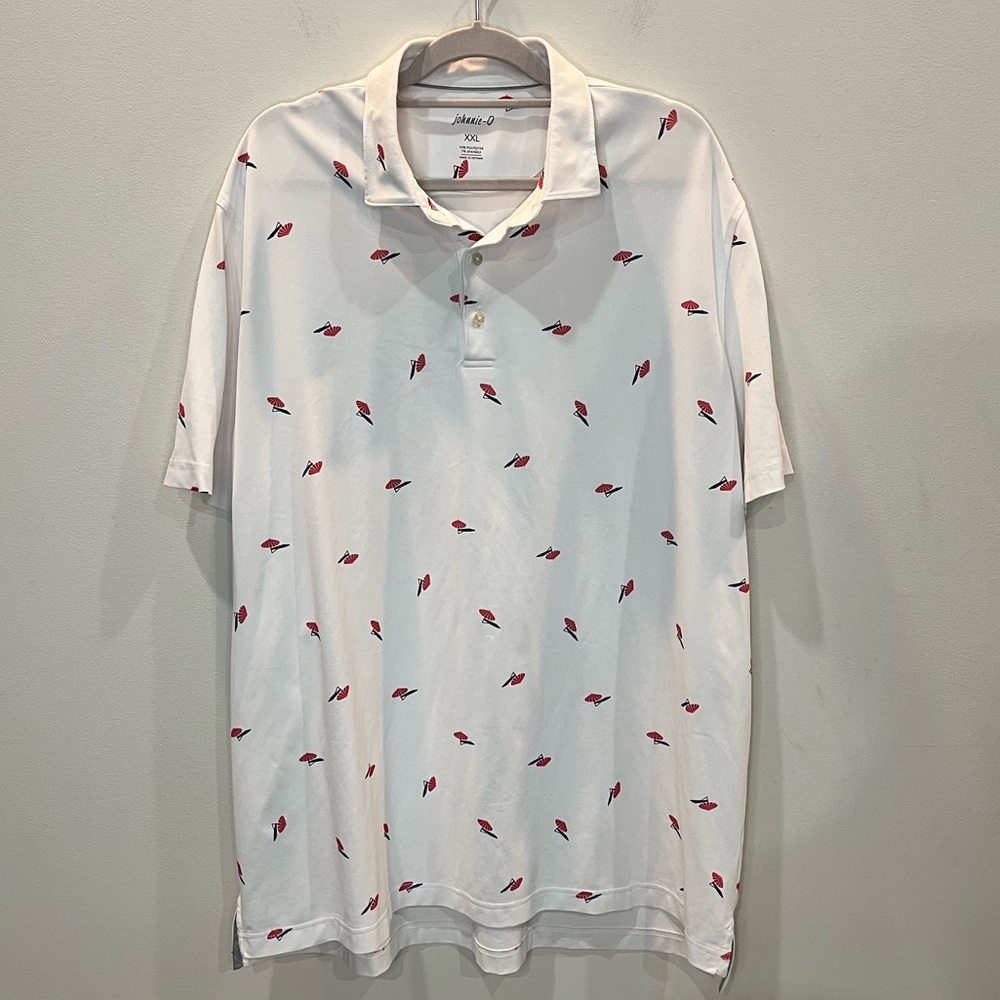 Johnnie-O Umbrella Novelty Print Collared Polo Golf Shirt Mens Size XXL White